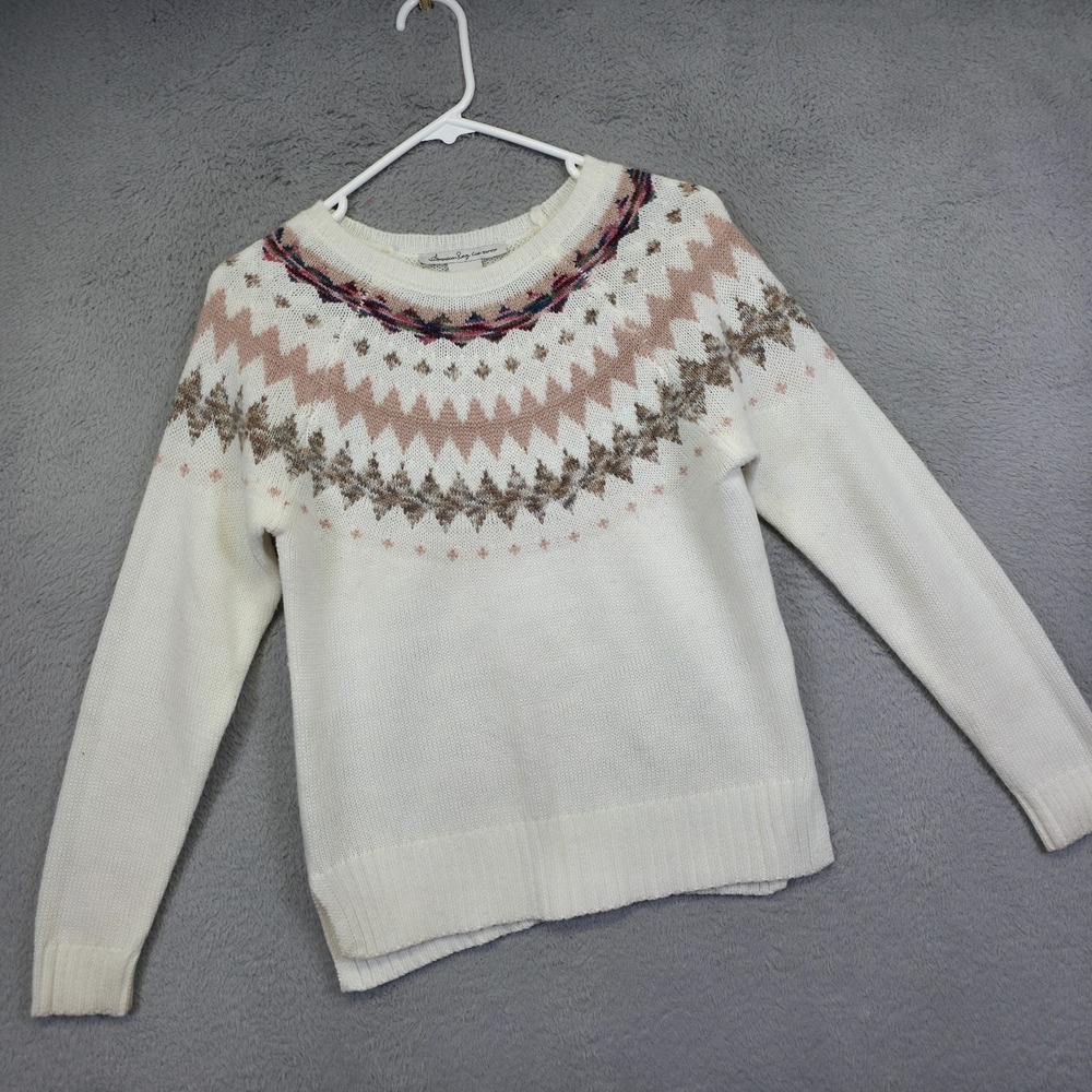 American‎ Rag Cie Sweater Womens 2XS White Raglan Fair Isle Nordic Warm Timeless